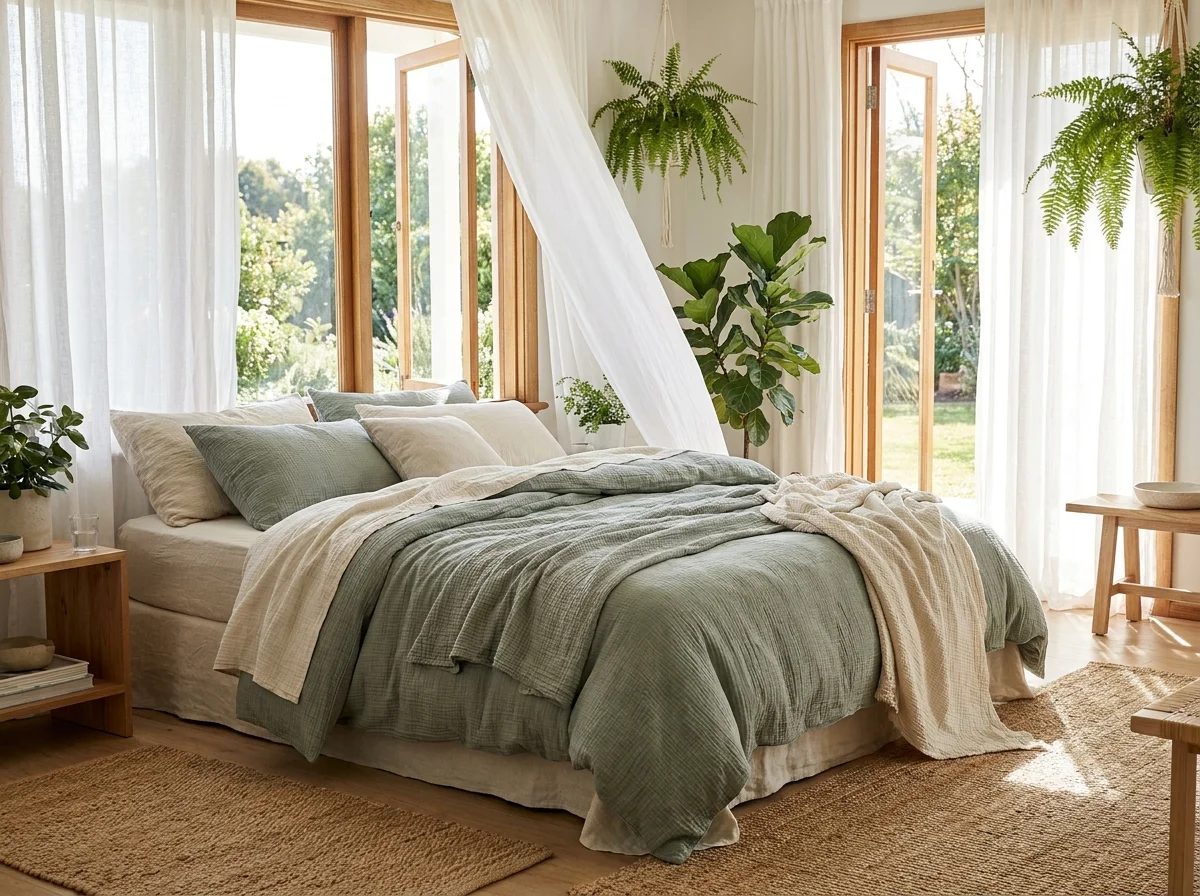 Chambre lumineuse avec linge de lit en gaze de coton — tons vert sauge et écru