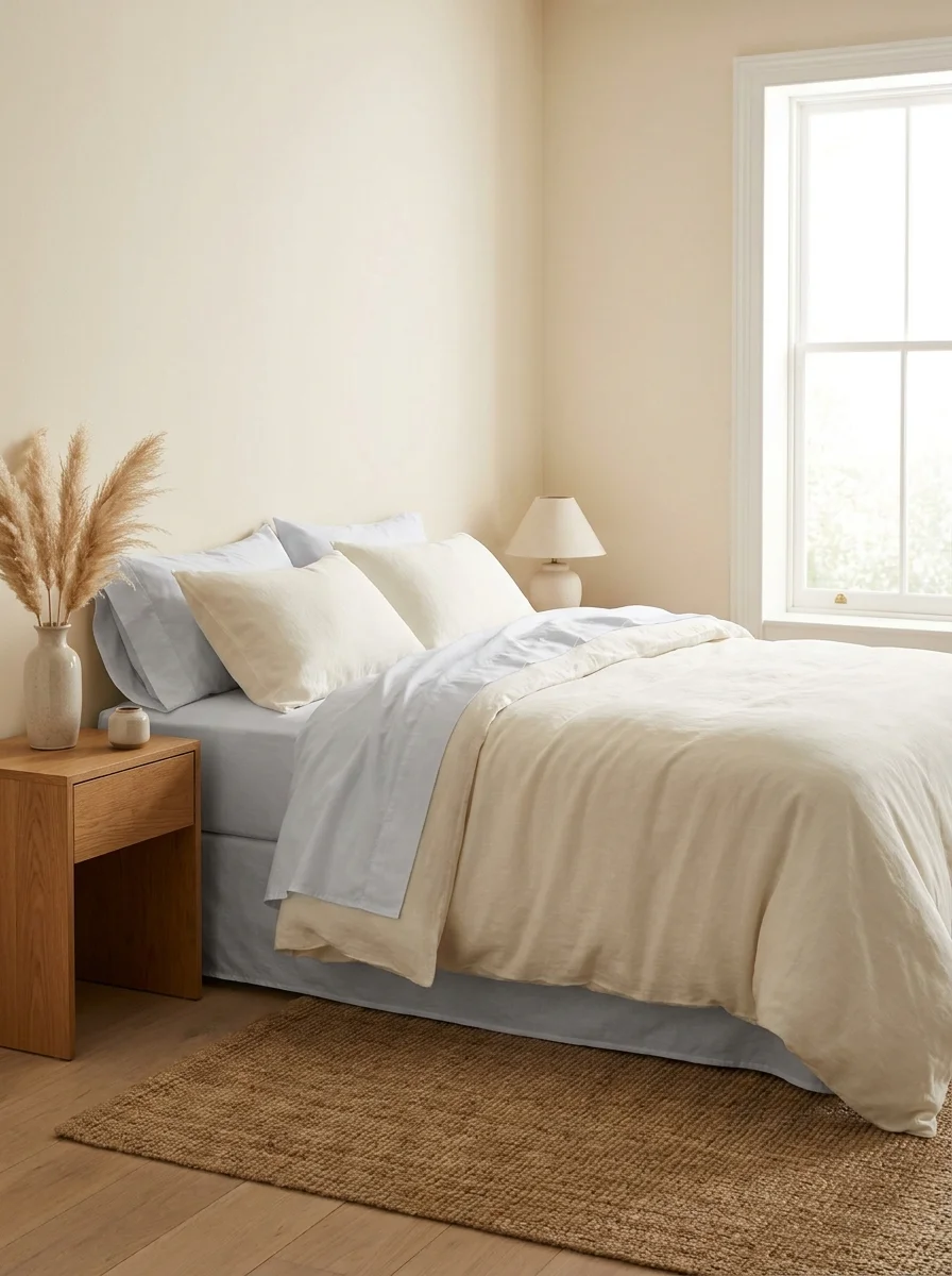 Chambre avec linge de lit en percale de coton lavé — tons ivoire et bleu ciel