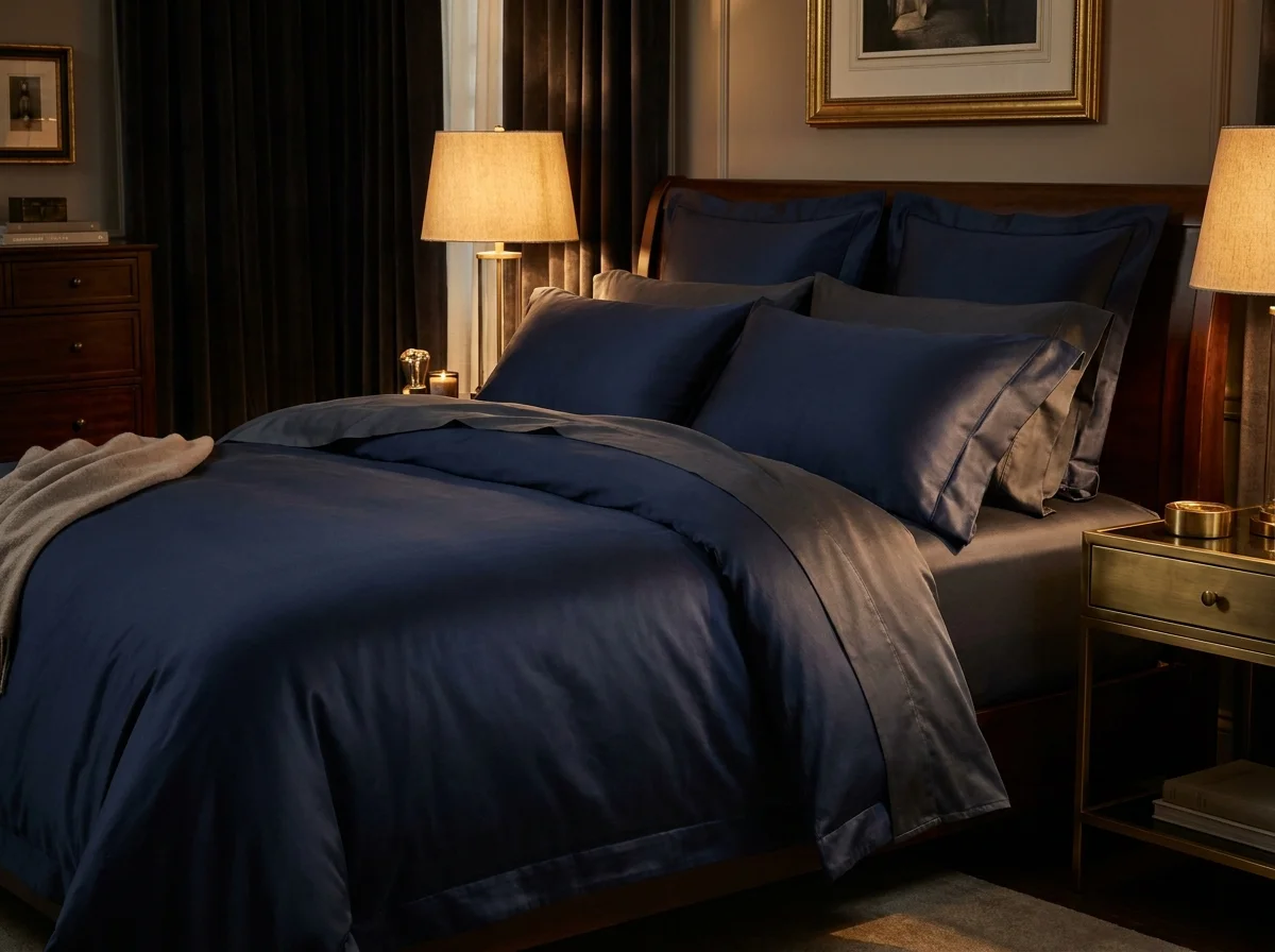 Chambre élégante avec linge de lit en satin de coton — tons bleu nuit et dorés